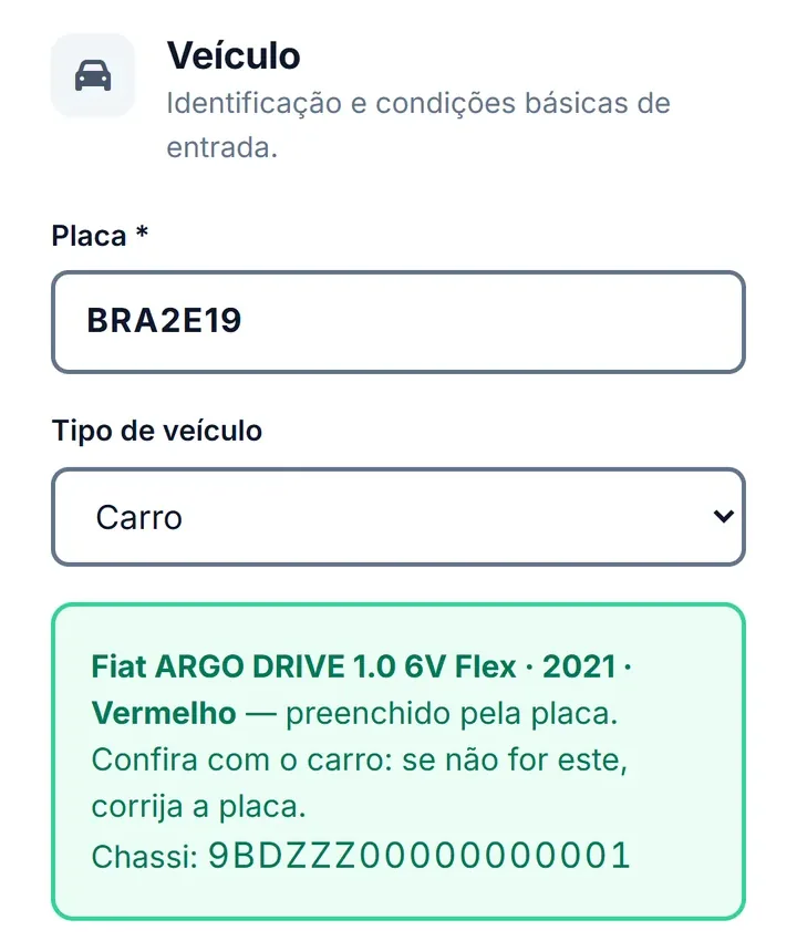 Tela do VRUM Oficina com a placa BRA2E19 digitada e o carro preenchido: Fiat Argo Drive 1.0, 2021.